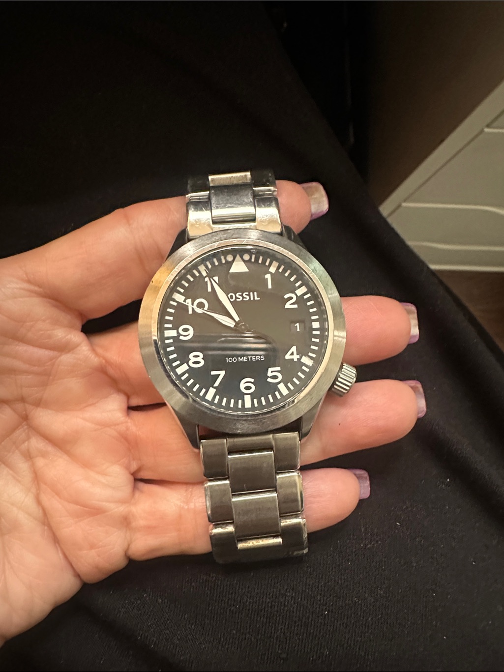 Fossil Mens Silver Stainless Steel Watch With Black Dial